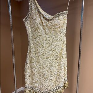 Scala One-Shoulder Sequin & Bead Cocktail Dress in Cream and Gold